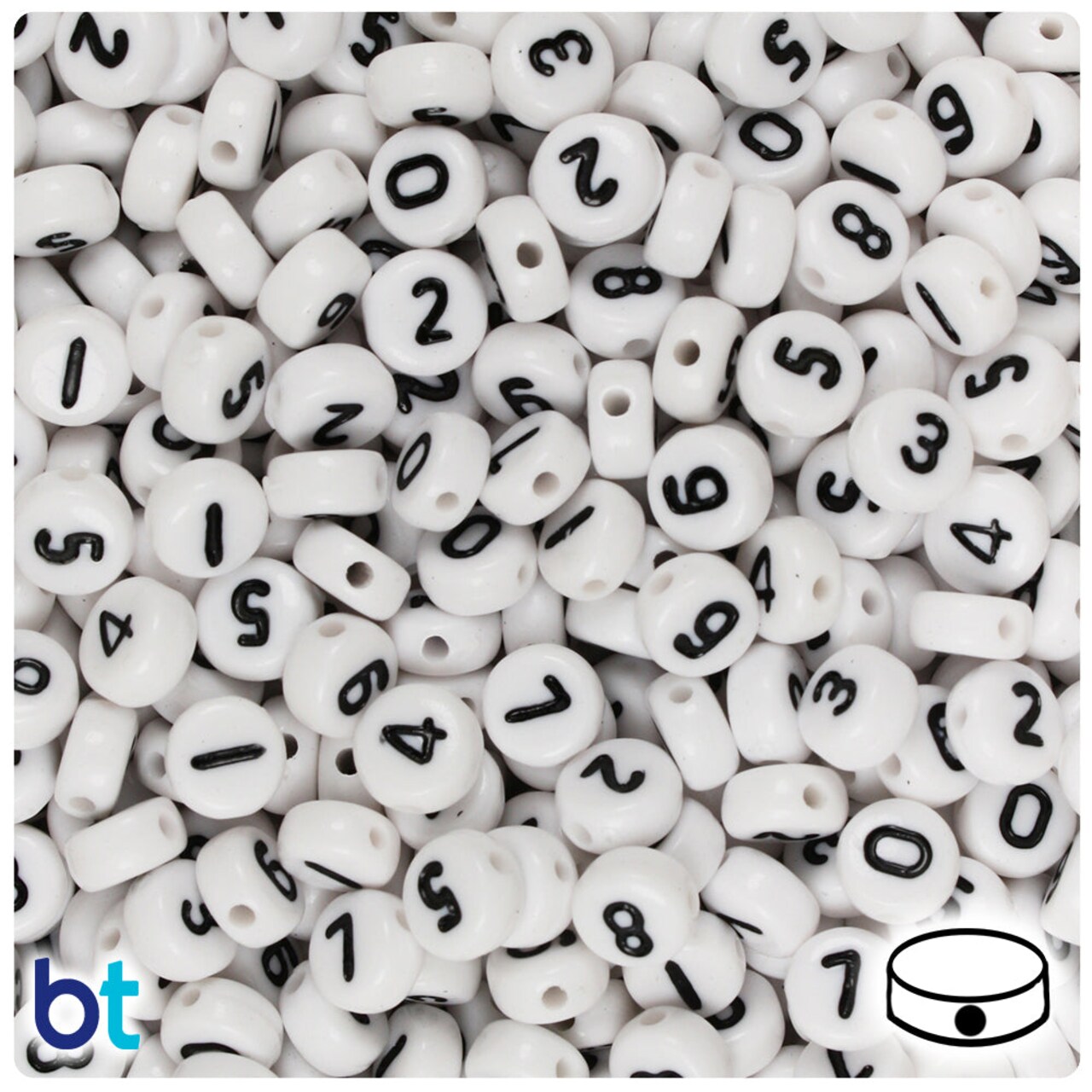 BeadTin White Opaque 7mm Coin Plastic Alpha Beads - Black Number Mix (250pcs)